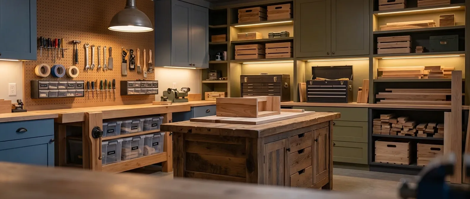 An organized woodworking workshop with a central workbench and wall-mounted tools